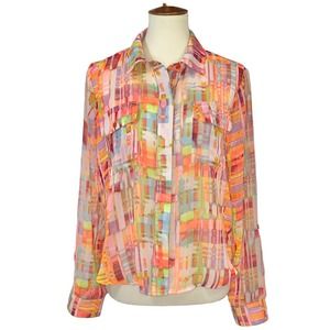 L NWT Dots Brand Y2k Sheer Neon Rainbow Roll Tab Split Back Button Up Blouse